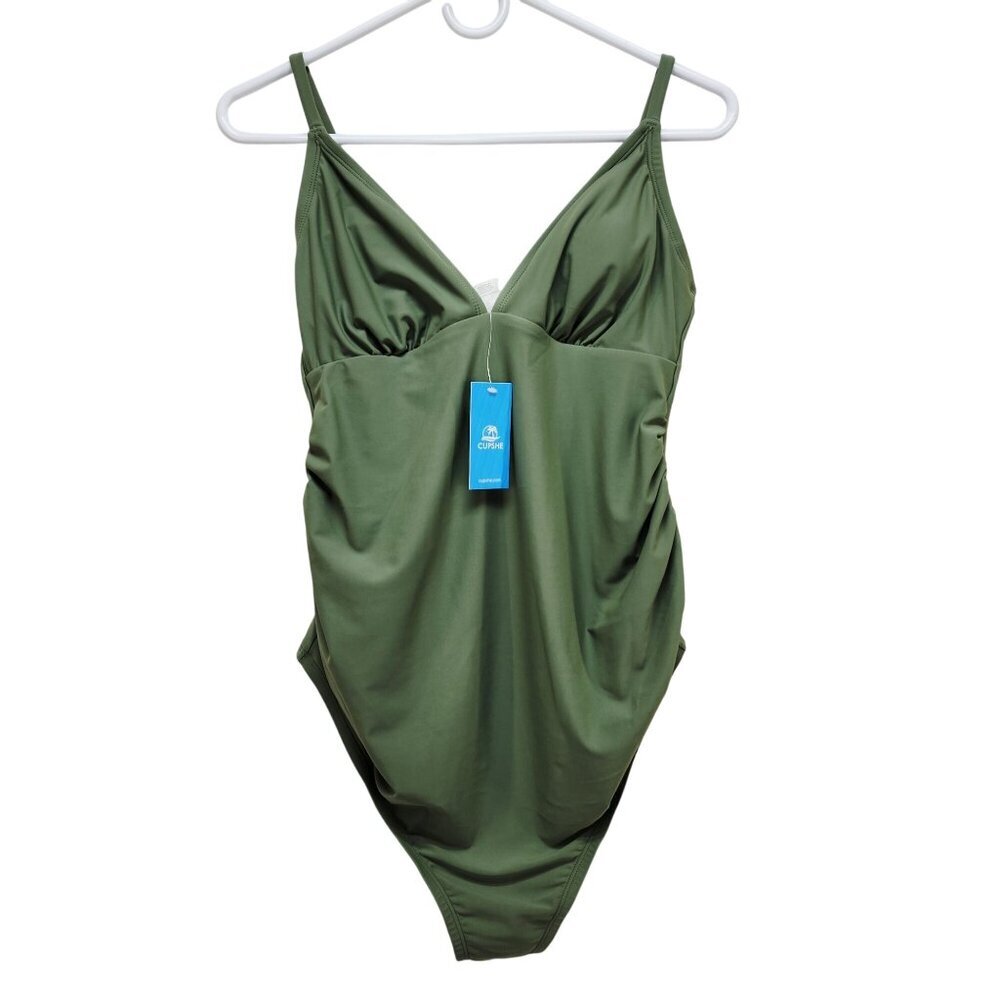 Olive Green One-Piece Swimsuit Adjustable Straps Ruched Design  Size M Womens